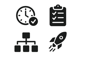 Project management icon set. Time management clock, task checklist, organization flowchart, startup rocket launch. Business success, efficiency, and growth concept vector.
