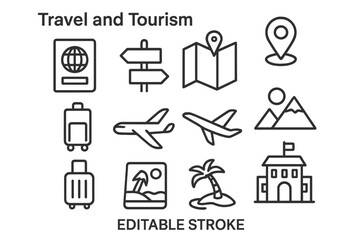 Travel and tourism line icon set. Vector symbols for vacation, holiday, and journey concepts. Includes passport, map, location pin, airplane, luggage, and hotel icons. Editable.