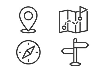 Navigation icons set for location and direction. Vector line art of map pin, route, compass, and signpost. Concepts for GPS, travel, destination, journey, and exploration.