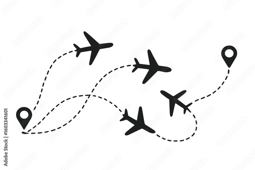 Aufkleber airplane route tracking with multiple planes on a dashed line path. flight destination concept with 