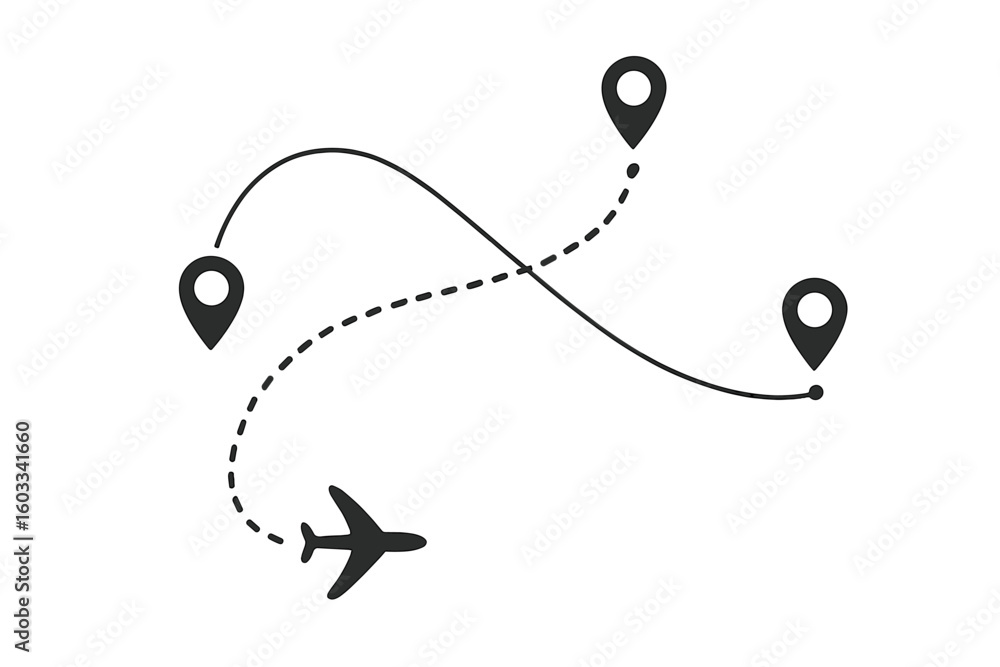 Poster airplane flight route with line trace and destination location pins. aircraft tracking on a map with