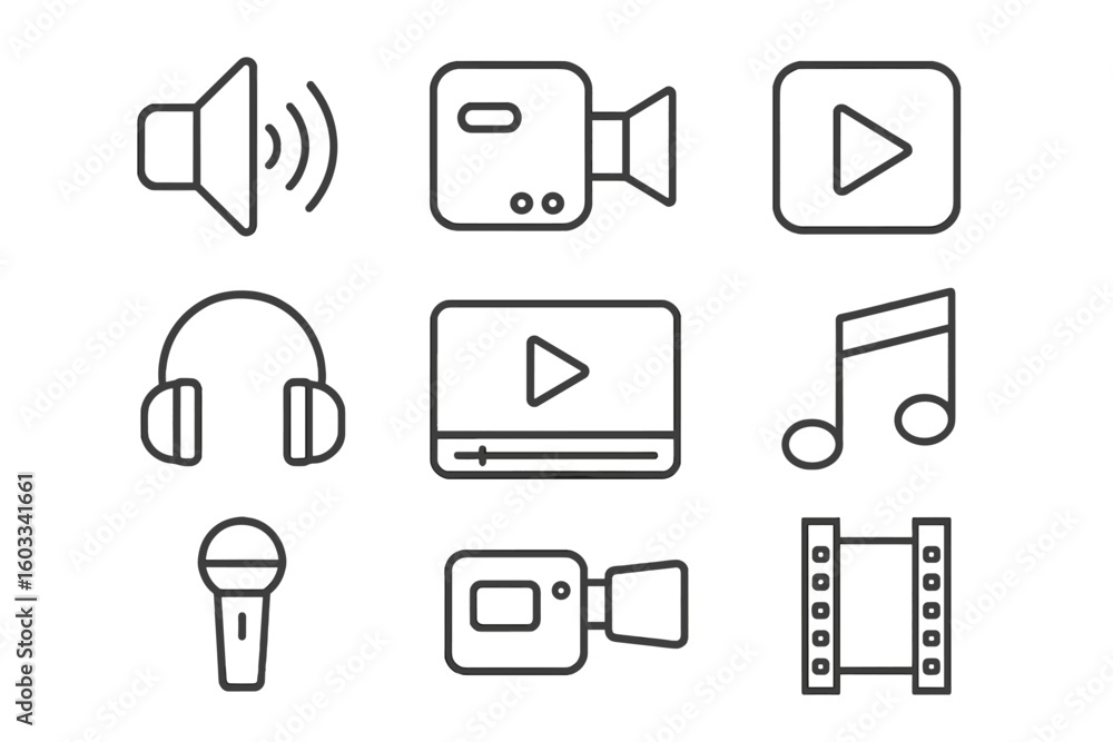 Poster media and multimedia icon set. vector line art icons for web and mobile apps. video player, camera, 