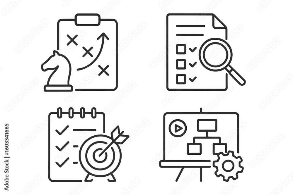 Poster business strategy and action plan linear icons set. project management, goal achievement, data analy