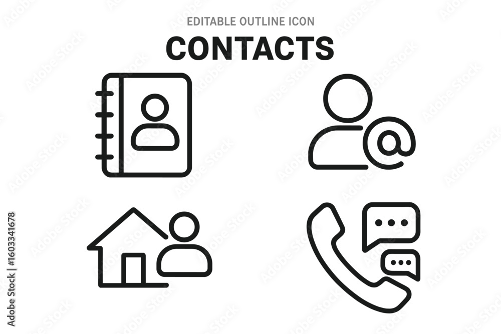 Aufkleber contact us icon set. editable outline icons for web and mobile apps. vector symbols for address book