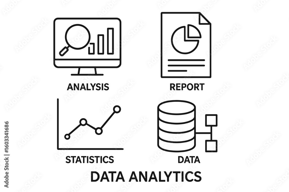 Poster data analytics line icon set. business analysis, statistics report, and database concept icons. vect