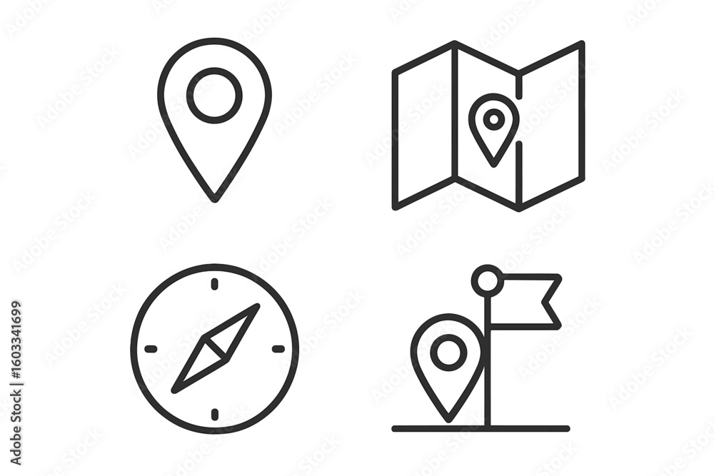 Poster location pin and navigation outline icon set. travel map, gps direction, compass, and route destinat