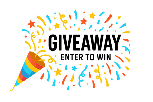 Giveaway enter to win banner. Festive party popper with confetti explosion. Contest announcement for social media promotion. Special offer prize competition template vector.