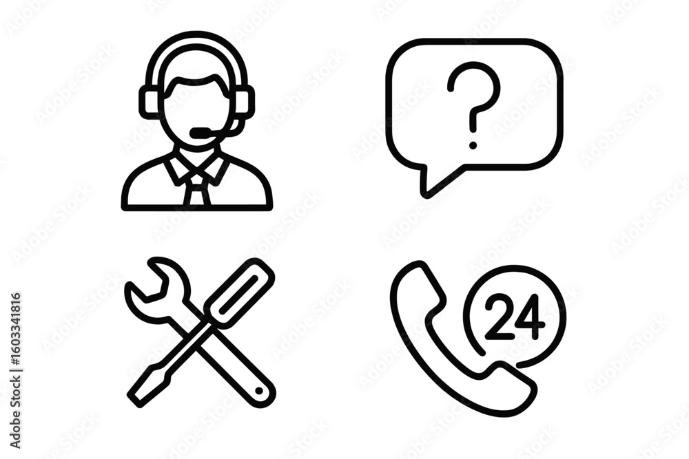 Poster customer support icon set. call center operator, faq help bubble, technical service tools, 24-hour p