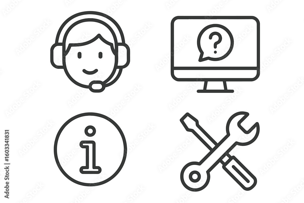 Fototapete Customer support line icon set. Call center operator, FAQ on computer, information sign, and technical service tools. Vector linear symbols for web and apps. Editable outline.