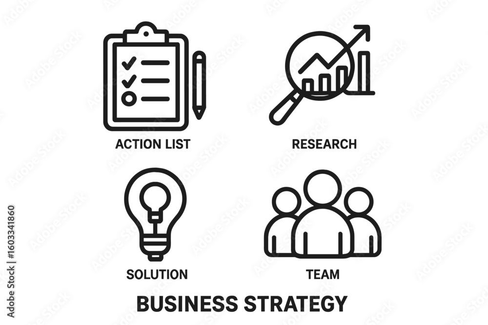 Poster business strategy icon set in line style. icons for web and mobile. includes action list, data resea