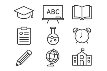 Education and school thin line icons set. Learning, university, study symbols. Student, teacher graphic elements. Back to school concept. Vector outline pictograms for web.