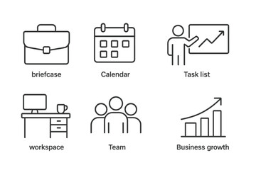 Business management line icon set. Office corporate concept. Vector symbol for web. Briefcase, calendar, team, growth, workspace, presentation, chart, graph, pictogram.
