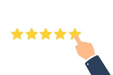 Businessman hand giving a five star rating. Customer review and feedback concept. Five gold stars for online reputation, quality service, and user satisfaction. Excellent evaluation.