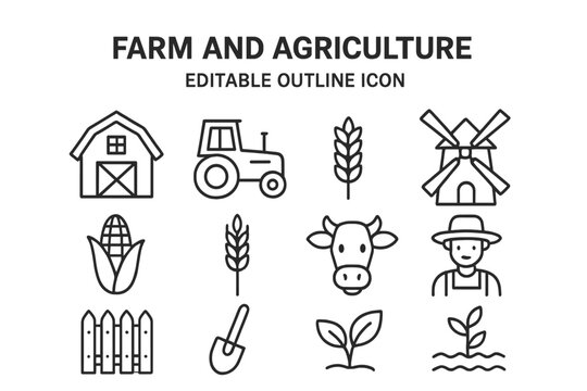 Farm and agriculture line icon set with editable stroke. Vector symbols of farming, rural life. Includes barn, tractor, windmill, wheat, corn, cow, farmer, harvest concept.