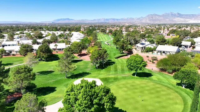 Aerial Las Vegas Residential Golf Course Pedestal Shot with Mountain View