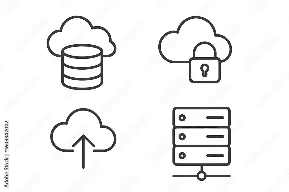 Poster cloud storage and server line icons collection. outline database, cloud security, data upload, netwo