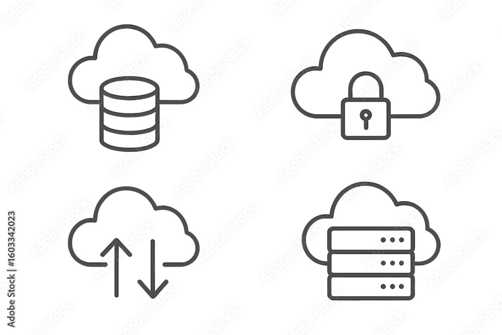 Poster cloud storage line icons set vector illustration. outline symbols of database security, encrypted se
