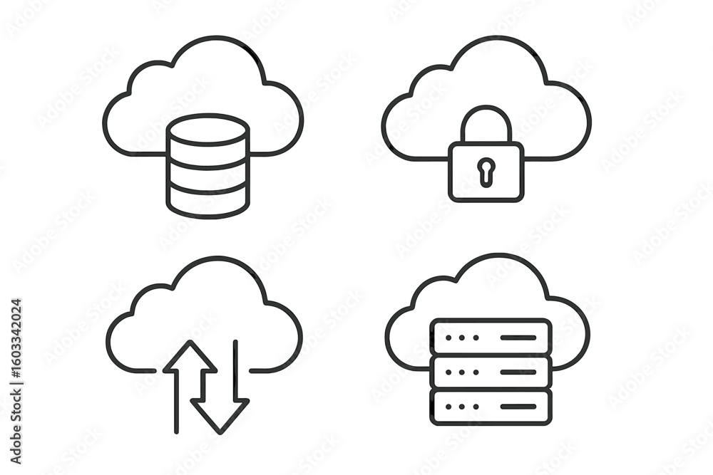 Poster cloud storage and security line icons collection – data backup, server management, secure transfer, 