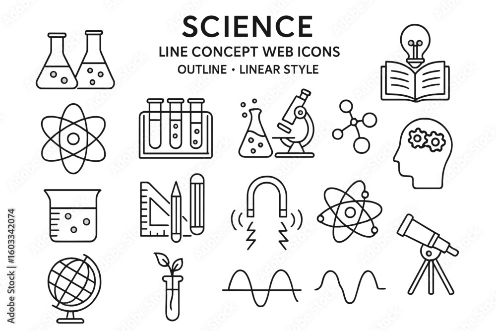 Poster science and laboratory line web icons vector set – outline style illustrations of flasks, test tubes