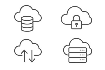 Cloud storage line icons set vector illustration. Outline symbols of database security, encrypted server, data upload download, cloud computing network, information backup