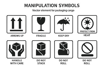 Cargo Packaging Handling Symbols Set. Black Manipulation Icon Collection. Fragile Glass, Keep Dry, Arrows Up, Handle With Care, Do Not Stack, Do Not Roll, Protect From Heat. Vector Illustration