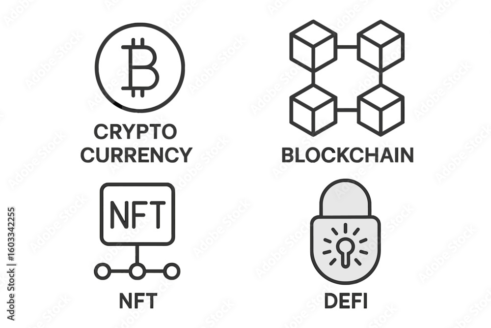 Poster cryptocurrency line icon set. crypto technology and blockchain concepts. icons for web and mobile ap