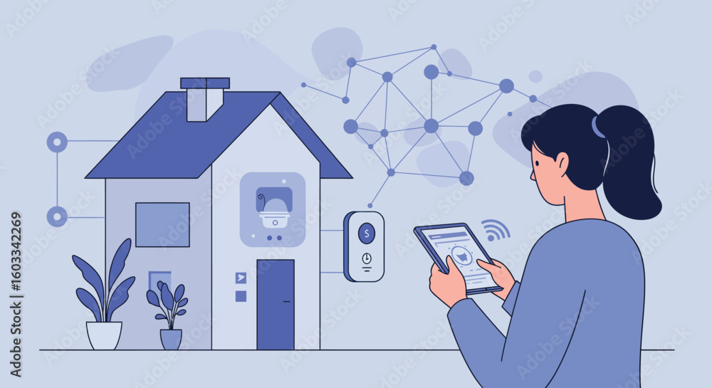Aufkleber smart home technology with user interface and wireless connectivity in modern flat style