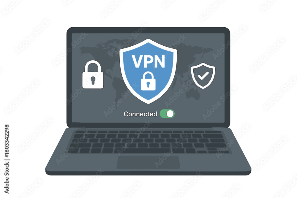 Poster vpn service on laptop screen. virtual private network connection for privacy. cybersecurity data pro