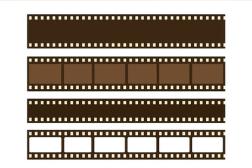 Realistic Film Strip Vector Set. Vintage Photo Filmstrips with Blank and Framed Exposures. Isolated Cinema Reel Borders. Empty Analog Movie Strips. Dark Brown Transparent Background Clipart