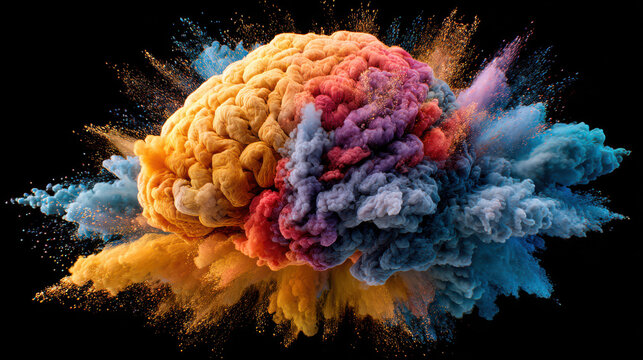 Exploding creative brain. A human brain burst with bright colorful powder paint