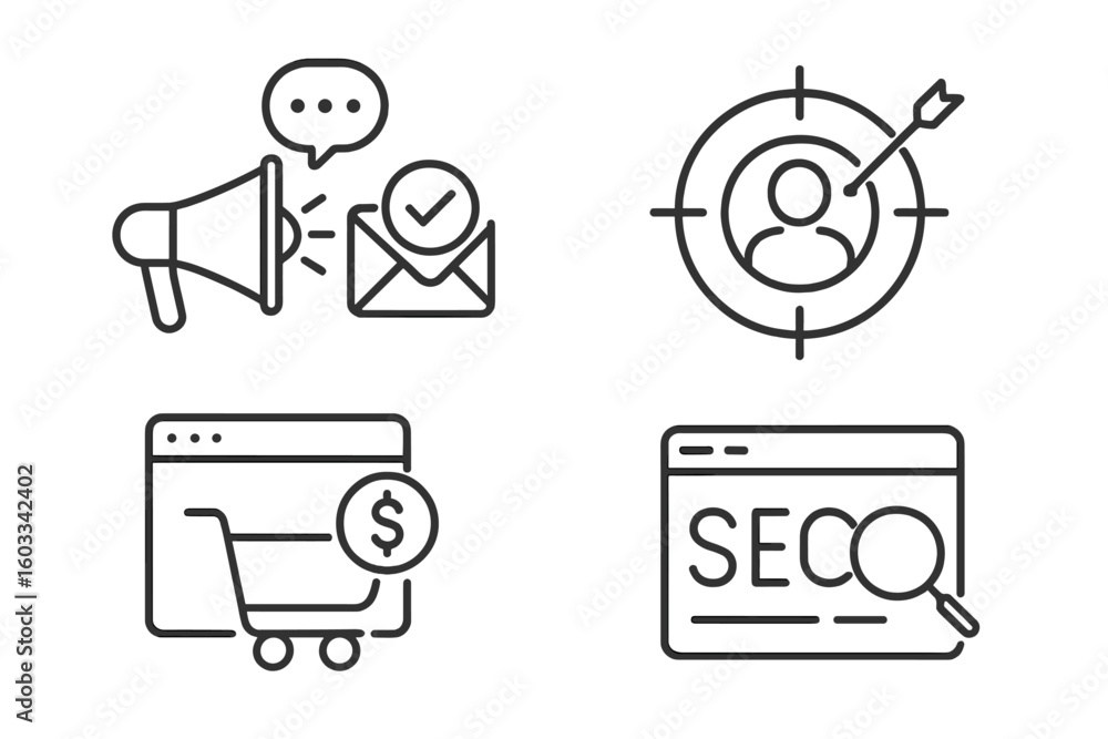 Poster digital marketing line icon set. essential web and mobile app symbols for business. includes concept