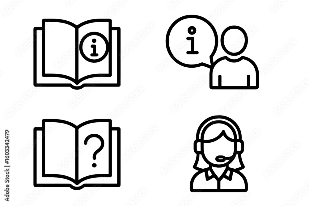 Poster help and support icon set. thin line vector icons for faq, customer service, user guide, and online 
