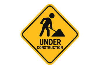 Caution Under Construction Road Work Sign Vector, Yellow Warning Board, Worker with Shovel Silhouette, Editable Printable Seamless PNG, Traffic Safety Construction Zone Illustration