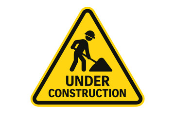 Under construction sign with digging worker silhouette. Yellow triangle warning symbol. Work in progress icon for website maintenance, road work, and safety alert vector.