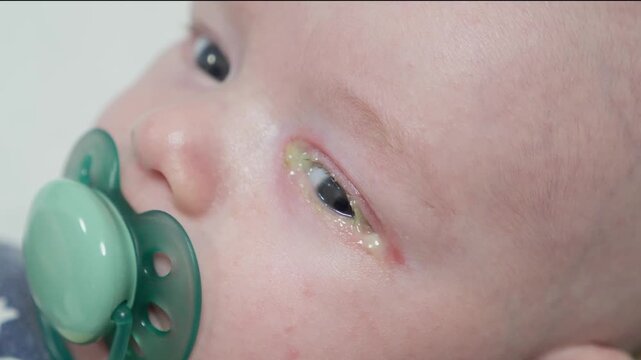 Baby eyes with eye mucus in selective focus. Disease tear ducts tons of newborns close up. Nasolacrimal duct obstruction in baby it is a blockage of the lacrimal drainage system. 