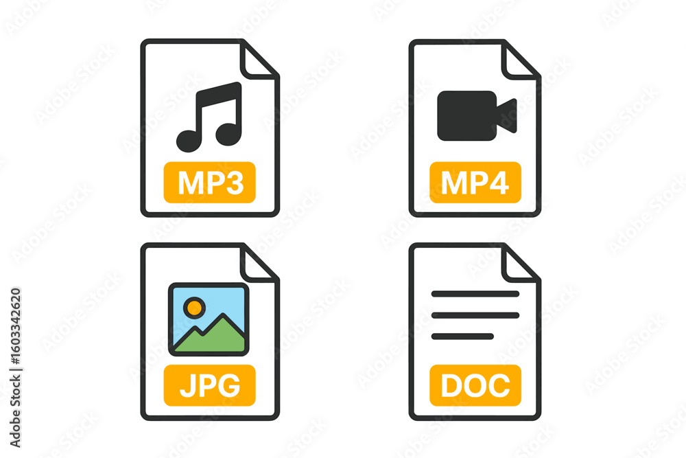 Fototapete file format icon set with popular document types. includes mp3 audio, mp4 video, jpg image and doc t