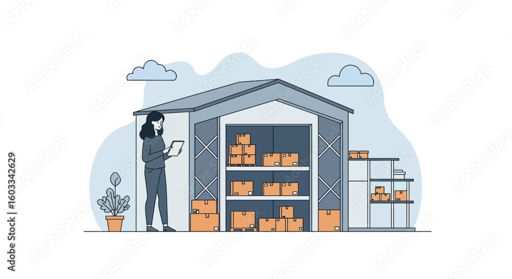 Poster warehouse management with tablet and box storage in modern outline style