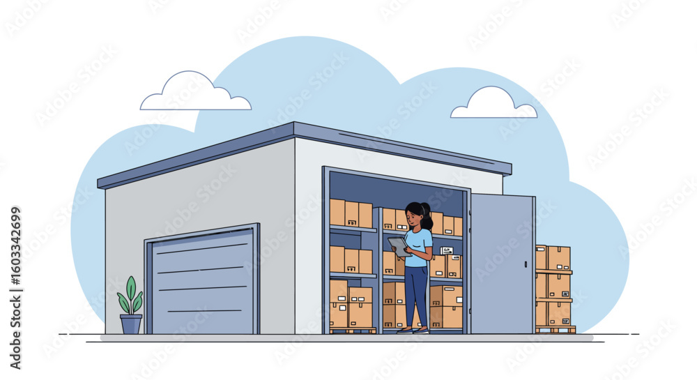 Poster warehouse worker organizing boxes in storage room with overcast sky in background