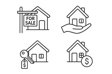 Real estate icon set for business and finance. Thin line art of a house for sale, property investment, home ownership, and mortgage concepts. Vector graphic pictogram symbol.