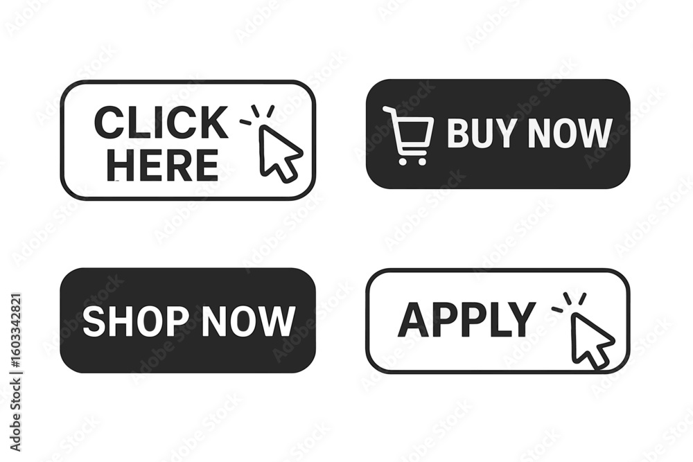 Aufkleber click here, buy now, shop now, and apply button collection with cursor and shopping cart icons. vect
