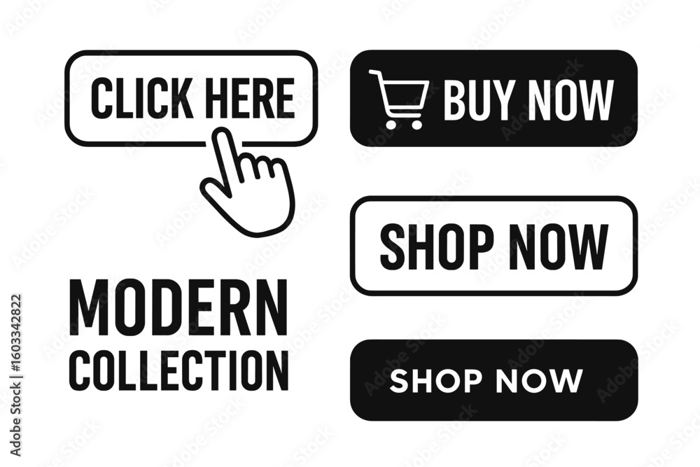 Poster modern collection of call to action buttons for website and online shopping. click here, buy now, an