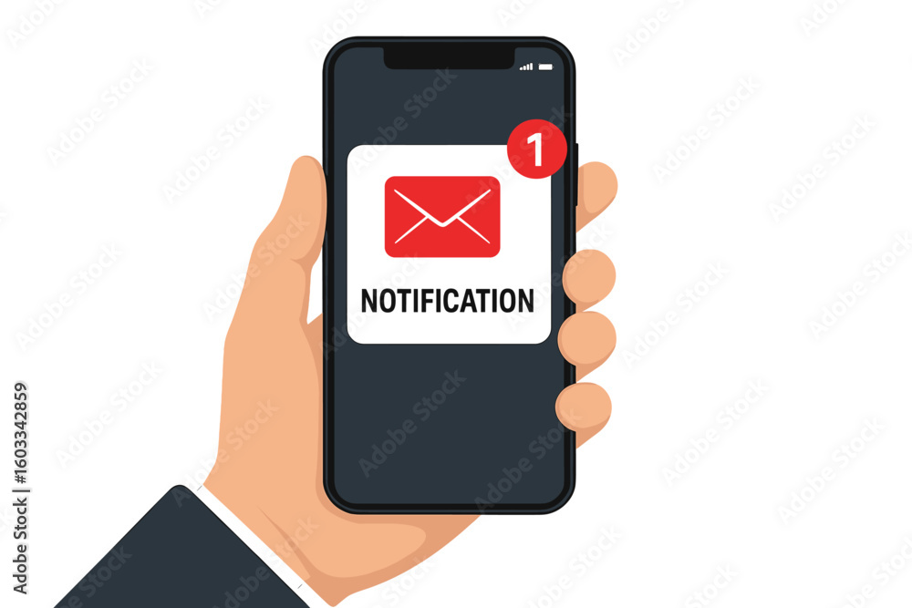 Poster hand holding smartphone with new email notification. alert message on mobile phone screen. unread ma