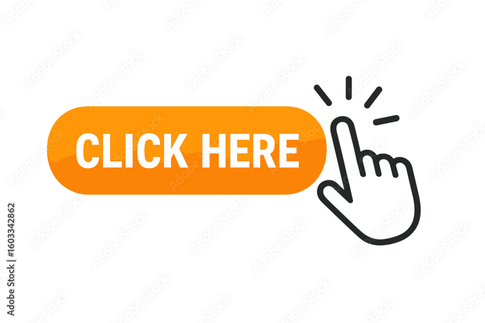 Aufkleber Click here button with hand cursor pointer icon. Call to action concept for web design. Modern user interface element. Vector illustration of a mouse click symbol for a website.