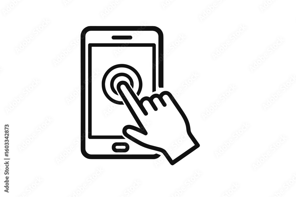 Poster hand touch screen smartphone icon. finger tap on mobile phone display. click pointer for user interf