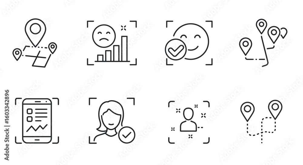 Poster linear outline icons for location, emotion, and data concepts