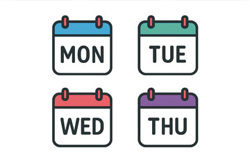 Days of the week calendar icons set for web design and apps. Monday, Tuesday, Wednesday, Thursday badges in trendy flat style. Vector illustration for schedule or planner.