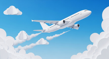 White airplane flying above stylized paper clouds, bright blue sky background, representing travel, freedom, journey, adventure, and air transport