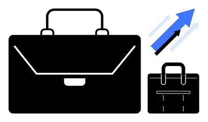 Black briefcase with clean lines next to blue and black upward arrows indicating progress, success, and growth. Ideal for career, business, finance, management, entrepreneurship, productivity simple