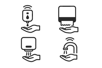 Automatic hand hygiene icon set. Contactless sensor soap dispenser, paper towel, hand dryer, and water tap. Vector graphic for public health safety and sanitation signs.
