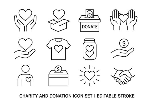 Charity and donation line icon set. Volunteering, support and love thin line icon collection. Social responsibility and community help symbols. Editable stroke vector illustration.